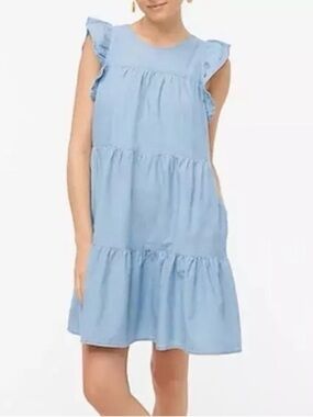 J. Crew Light Blue Chambray Tiered Dress with Ruffle Sleeves